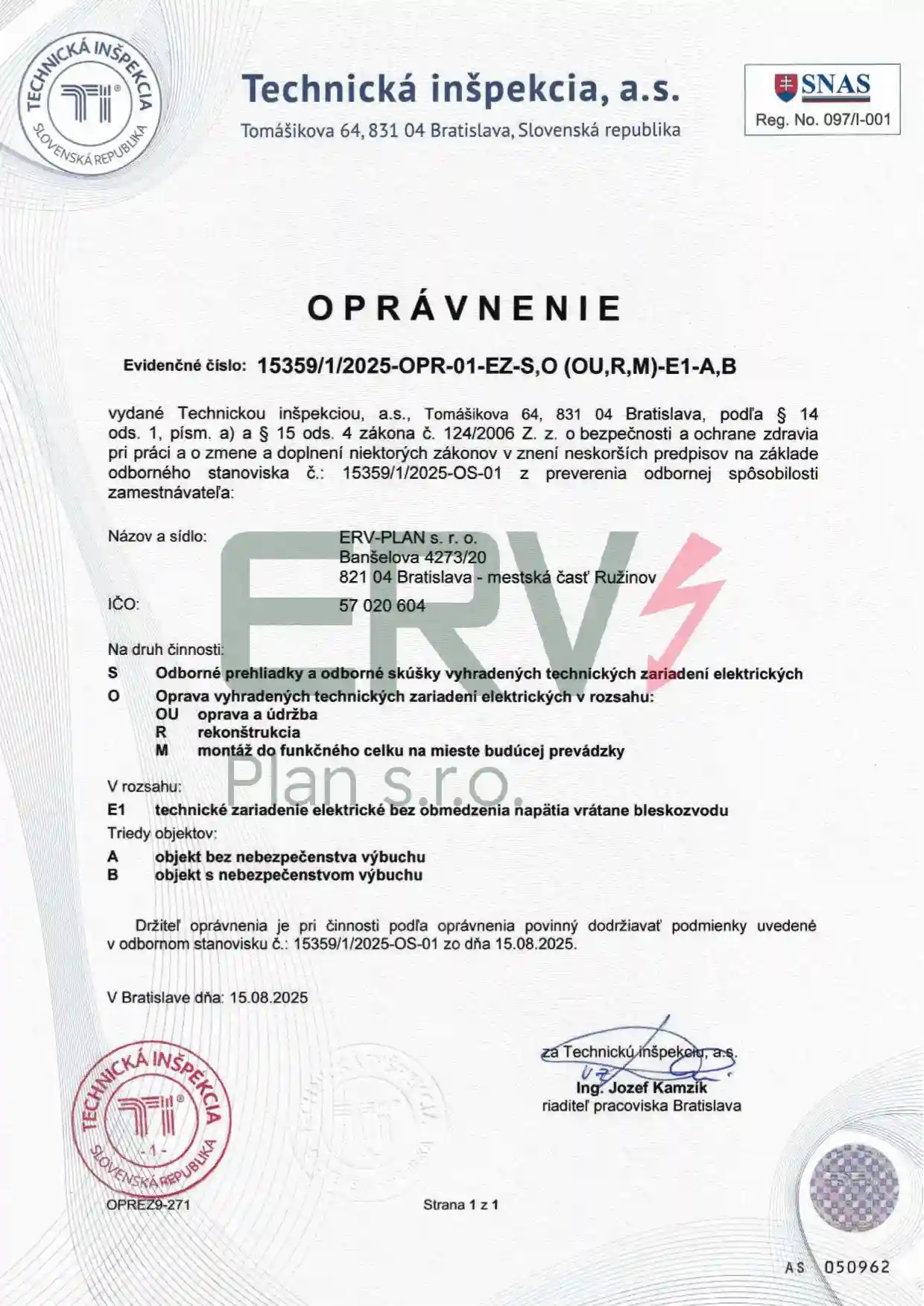 Oprávnenie na revízie ERV-PLAN