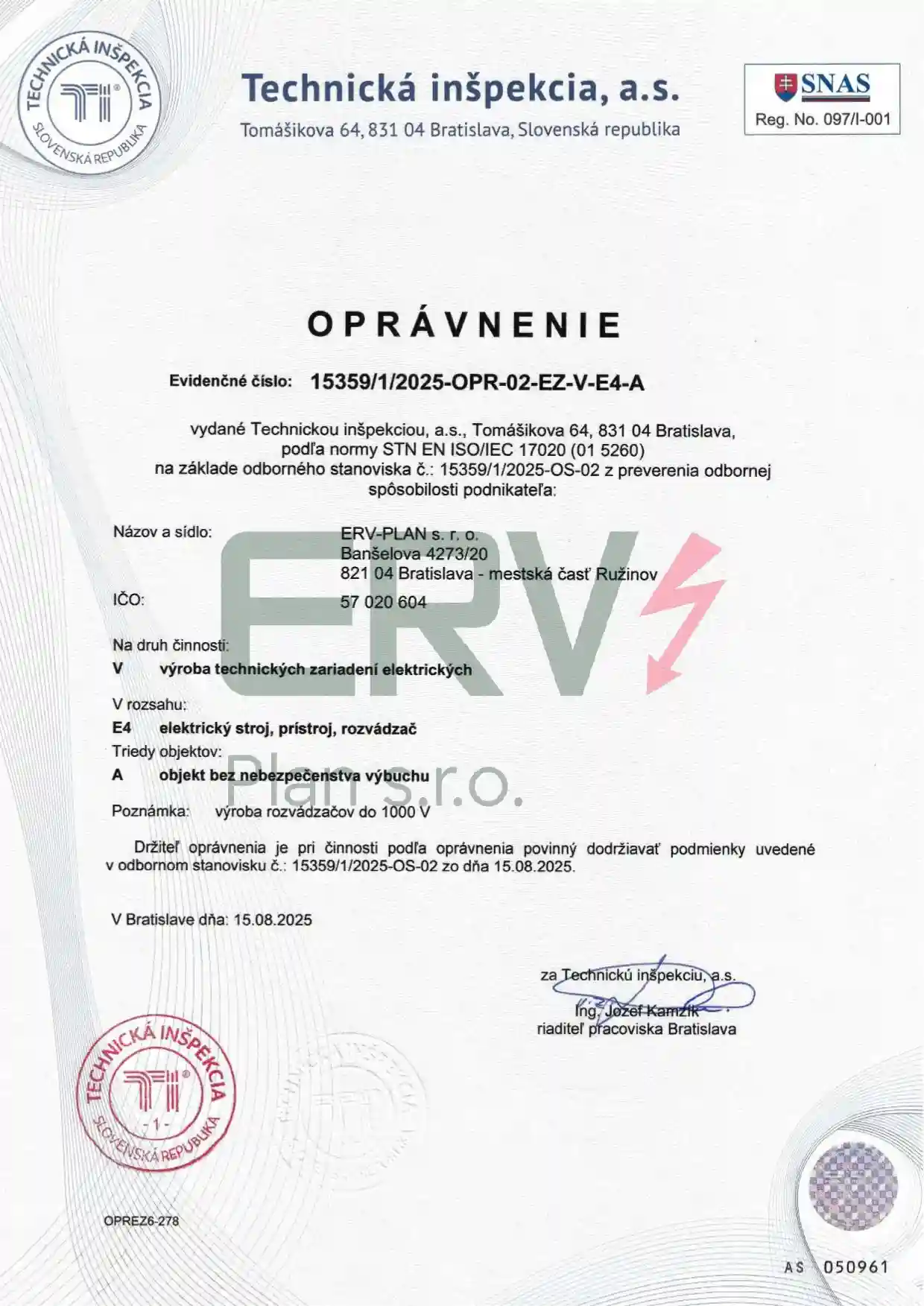 Oprávnenie na výrobu ERV-PLAN